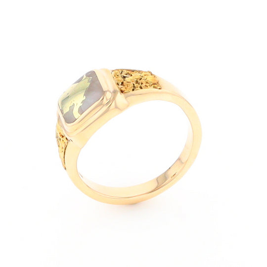 Gold Quartz Ring Square Inlaid Design Double Natural Nugget Sides