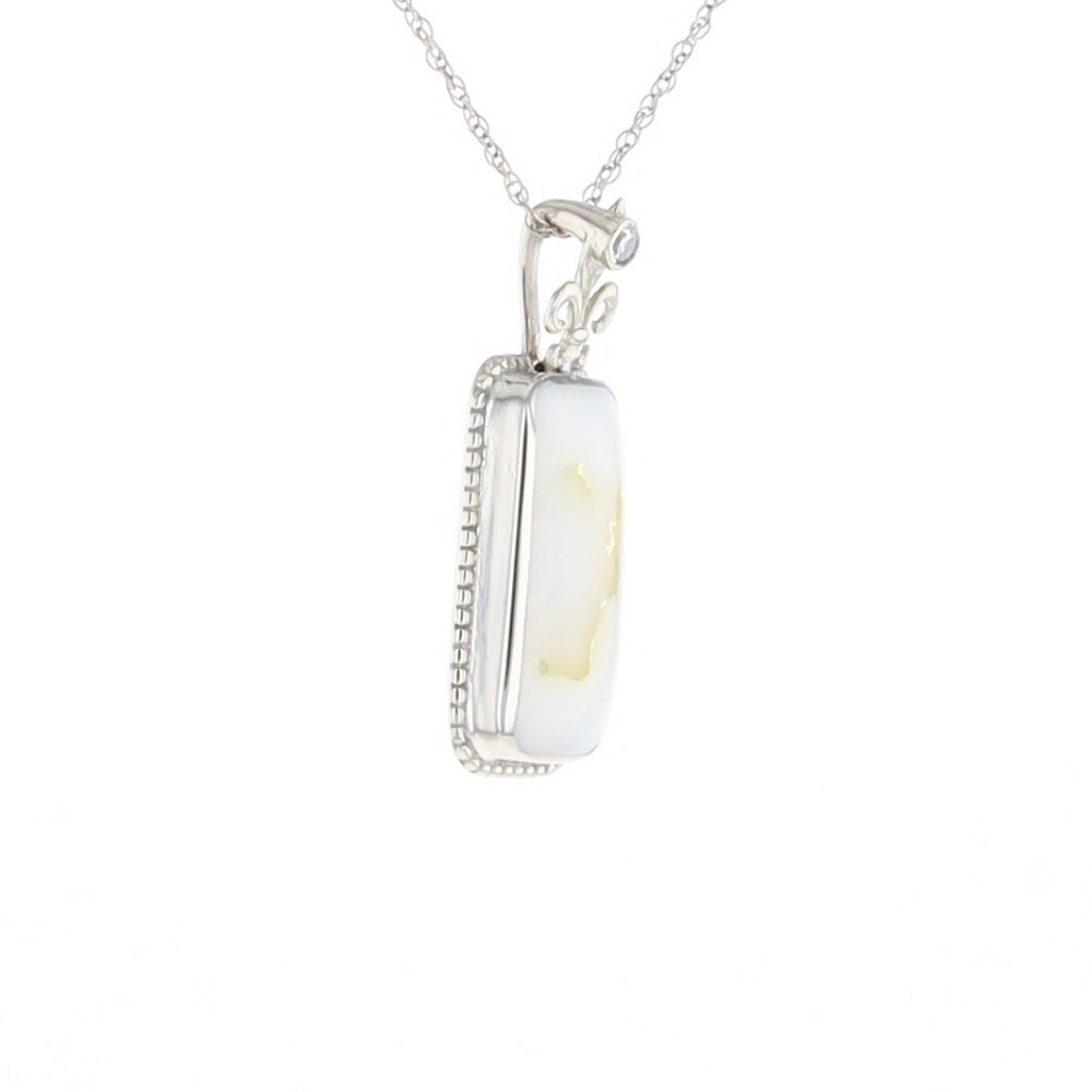 Gold Quartz Necklace, Rectangle Inlaid Fleur De Lis Design with .02ctw Diamond Pendant