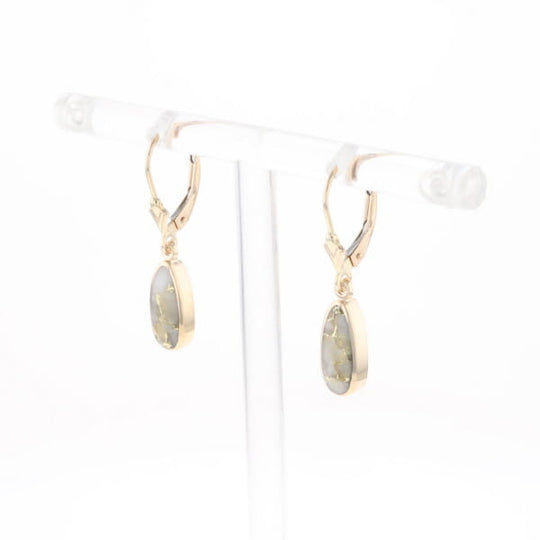 Gold Quartz Earrings Tear Drop Inlaid Lever Backs