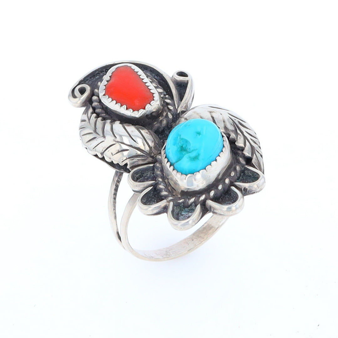 Freeform Turquoise and Coral Sterling Silver Double Leaf Ring