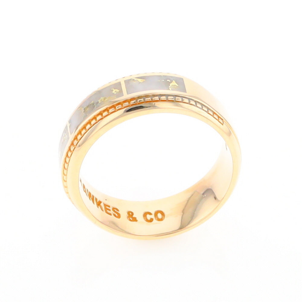 Gold Quartz Ring 3 Section Rectangle Inlaid Milgrain Border Band