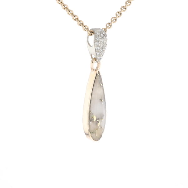 Gold Quartz Necklace Tear Drop Inlaid Pendant with .11ctw Diamonds