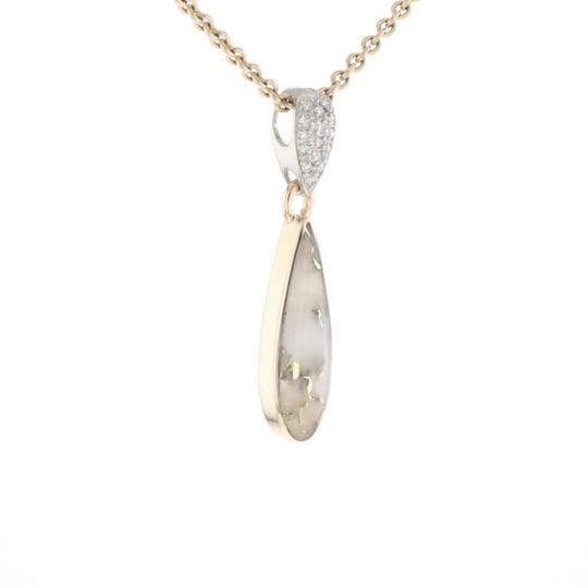 Gold Quartz Necklace Tear Drop Inlaid Pendant with .11ctw Diamonds