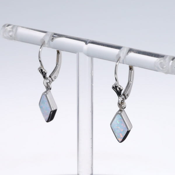 Opal Earrings Diamond Shape Inlaid Design Lever Backs