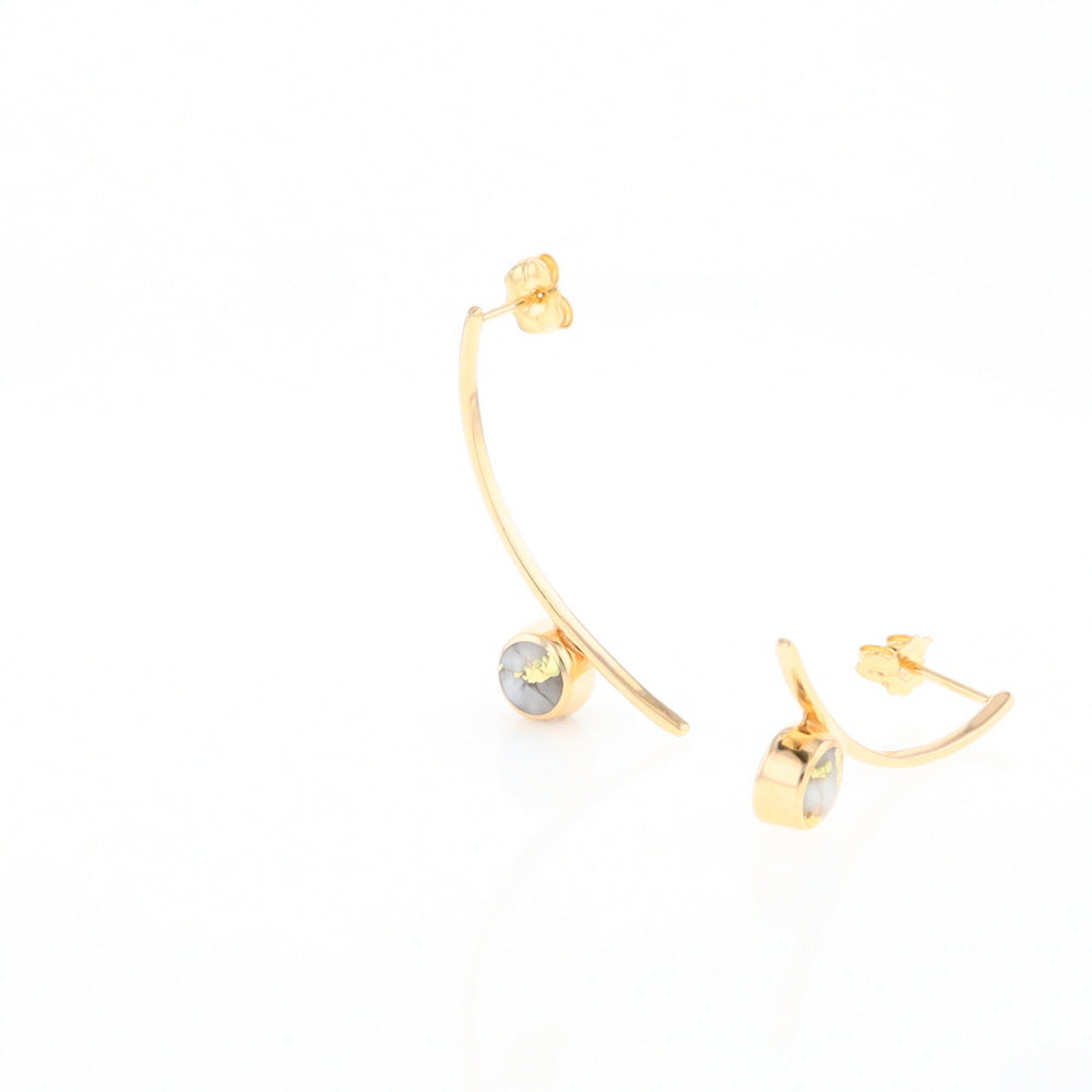 Gold Quartz Earrings Round Inlaid Curved Bar Design