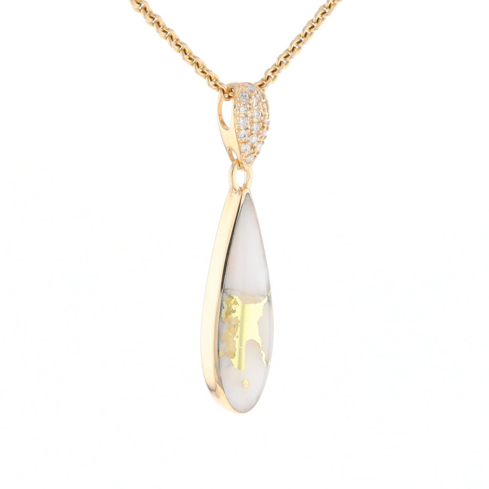 Gold Quartz Necklace, Tear Drop Inlaid Design with 0.11ctw Diamond Pave Pendant G2