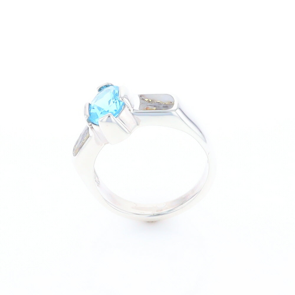 Sterling Silver Gold Quartz Inlaid Oval Blue Topaz Ring - G3