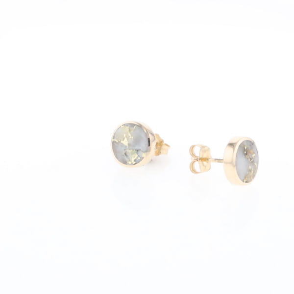 Gold Quartz Earrings 9mm Round Inlaid Studs - G2