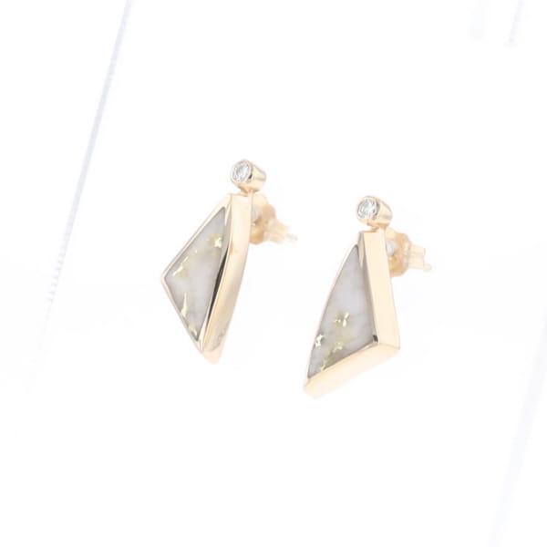 Gold Quartz Earrings Triangle Shape Inlaid with .04ct Round Diamonds - G2