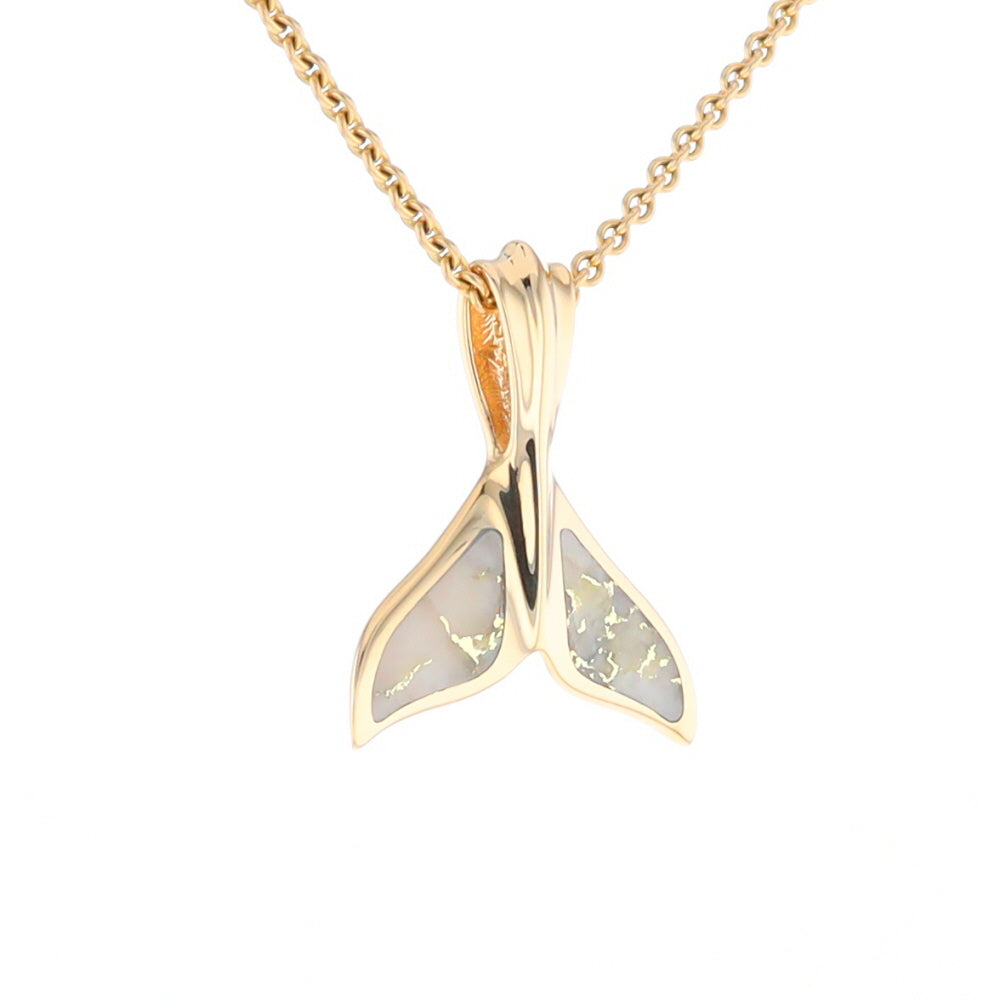 Whale Tail Necklaces Gold Quartz Double Sided Inlaid Sea Life Pendant