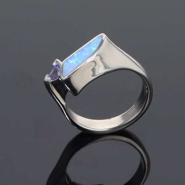 Opal Rings Geometric Inlaid Design with Tanzanite and .08ctw Diamonds