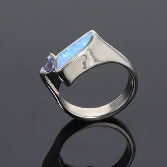 Opal Rings Geometric Inlaid Design with Tanzanite and .08ctw Diamonds