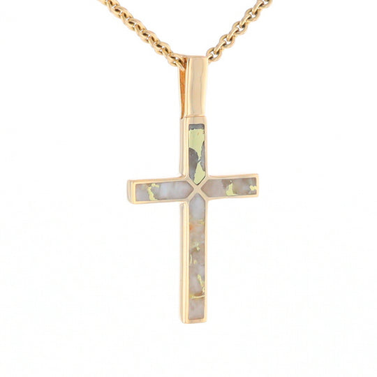 Gold Quartz Necklace 4 Section Inlaid Design Cross Pendant