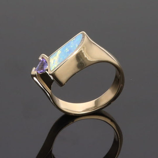 Opal Rings Geometric Inlaid with Tanzanite and .08ctw Round Diamonds