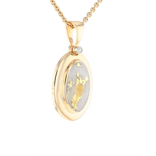 Gold Quartz Necklace Oval Inlaid Pendant with a .02ct Diamond