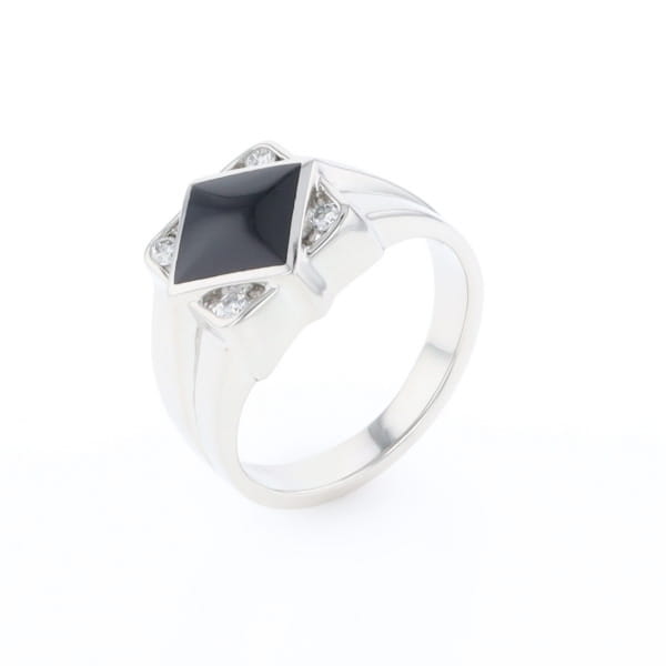 Natural onyx ring diamond shape inlaid design with .16ctw round diamonds