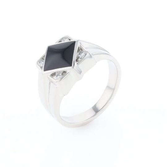 Natural onyx ring diamond shape inlaid design with .16ctw round diamonds