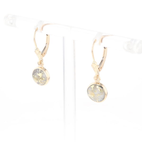 Gold Quartz Earrings Round Inlaid Design Lever Backs