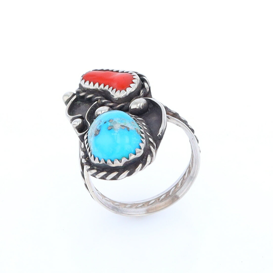 Freeform Turquoise and Coral Silver Rope Ring