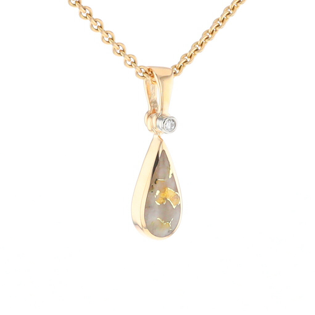 Gold Quartz Pendant Tear Drop Inlaid Design with .02ct Diamond