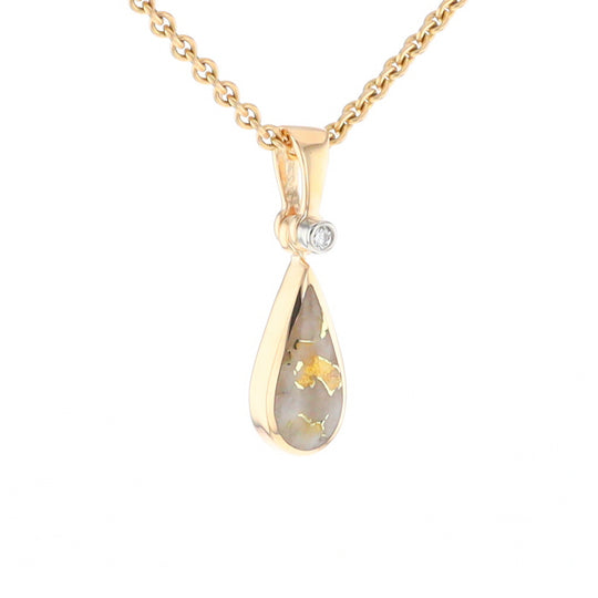 Gold Quartz Pendant Tear Drop Inlaid Design with .02ct Diamond