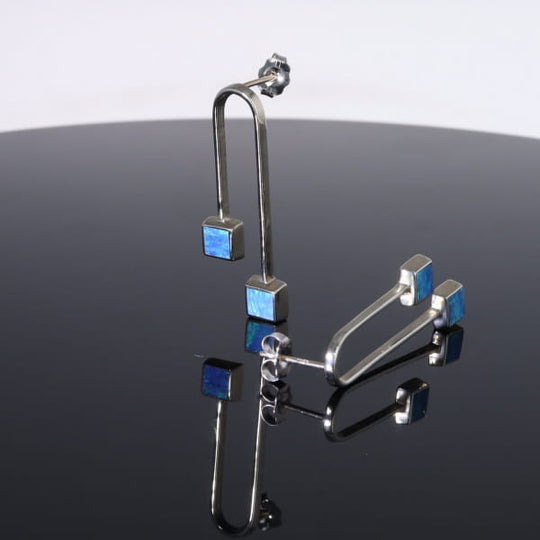 Opal Earrings Curved Bar Double Square Inlaid Ends Design Studs