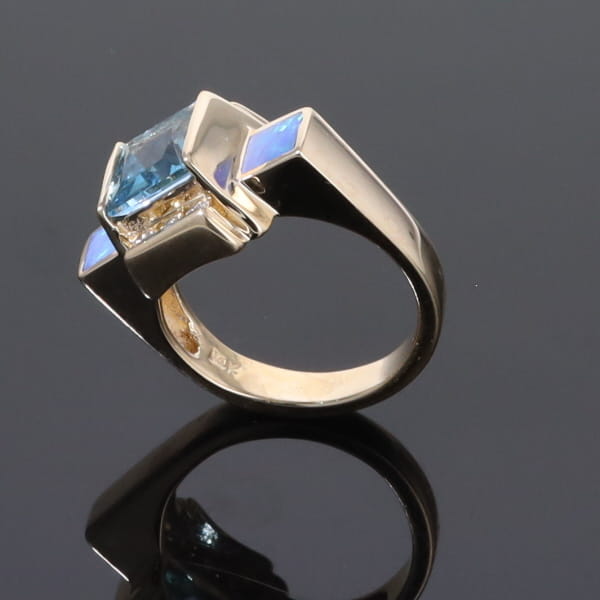 Opal Rings Inlaid Sides Swiss Blue Topaz Center with .24ctw Diamonds