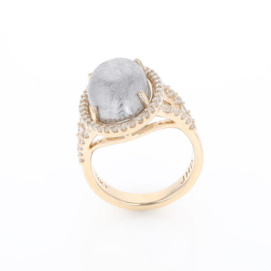 Meteorite Ring Oval Cabochon 0.65ctw Round Diamonds Halo