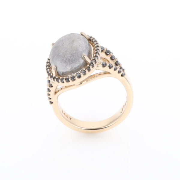 Meteorite Ring Oval Cabochon 0.65ctw Round Black Diamonds Halo