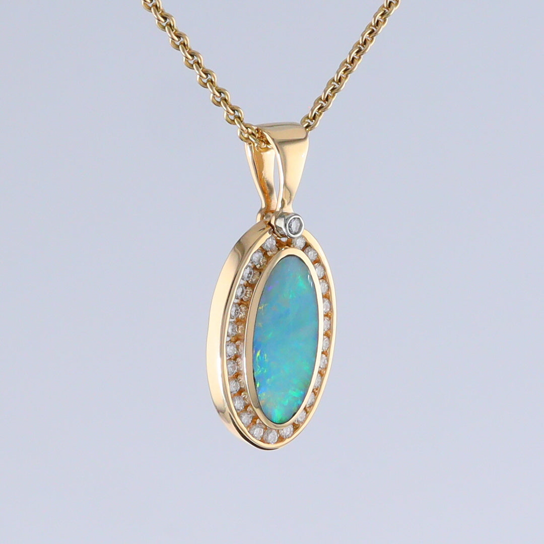 Opal Pendant Oval Inlaid Design with .37ctw Round Diamonds Halo