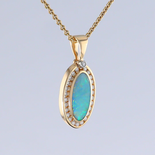 Opal Pendant Oval Inlaid Design with .37ctw Round Diamonds Halo