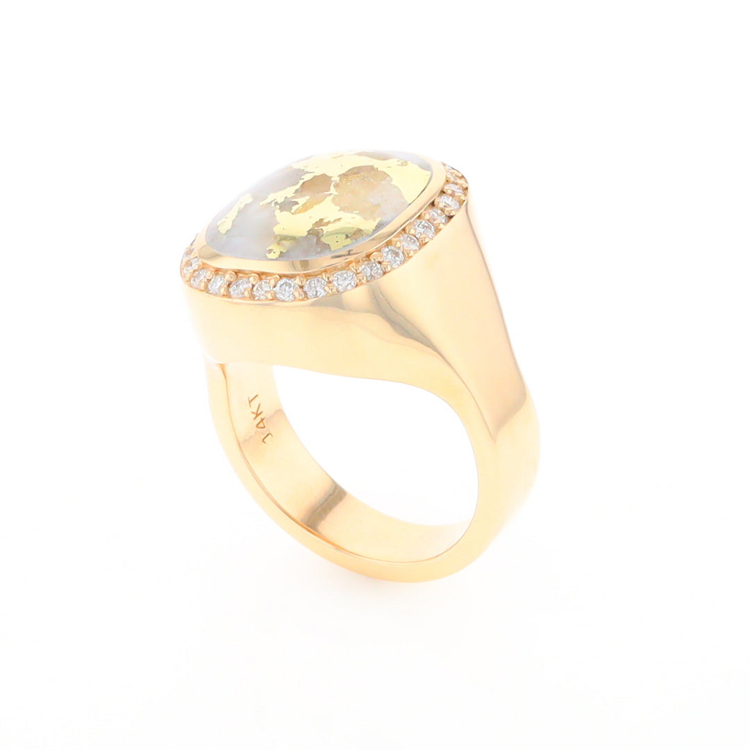 Gold Quartz Cushion Inlaid Men's Ring with Diamond Halo