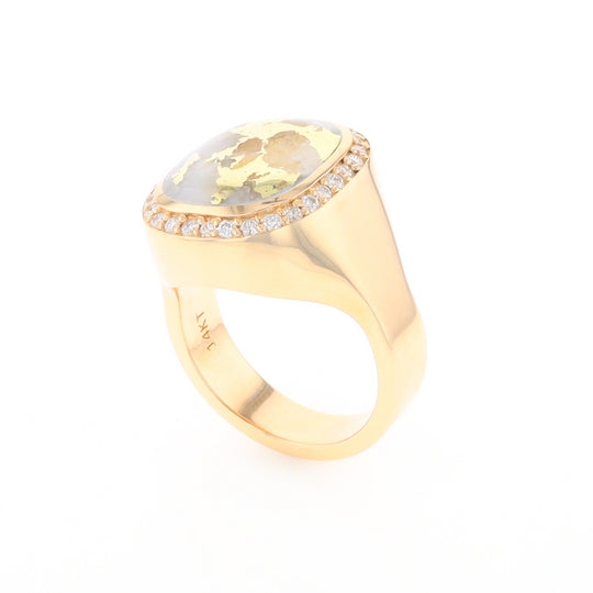 Gold Quartz Cushion Inlaid Men's Ring with Diamond Halo