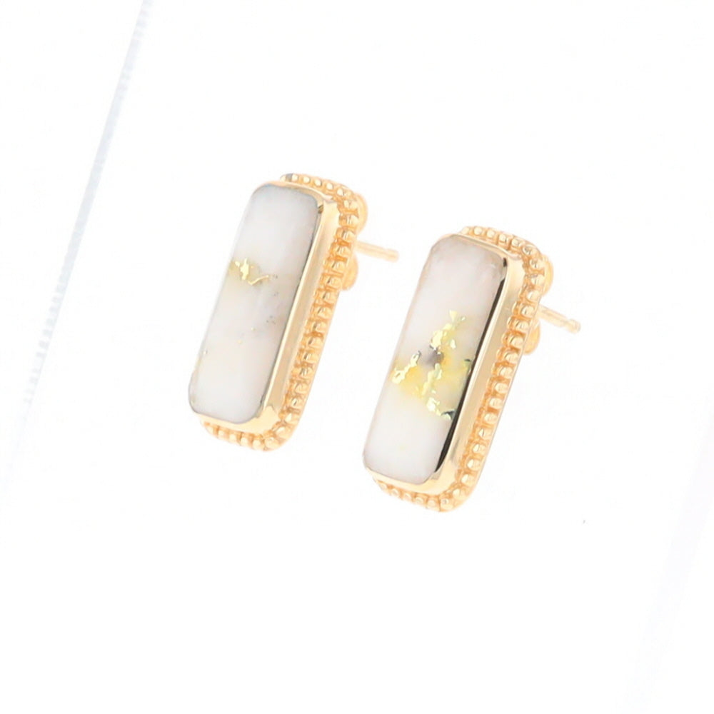 Gold Quartz Earrings Rectangle Inlaid Milgrain Design - G2