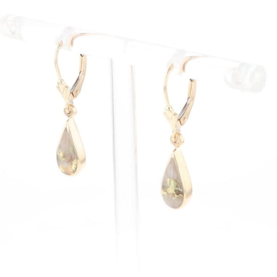 Gold Quartz Earrings Tear Drop Inlaid Lever Backs - G3