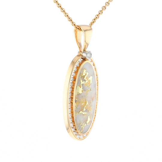 Gold Quartz Necklace .54ctw Halo Diamond Oval Inlaid Pendant