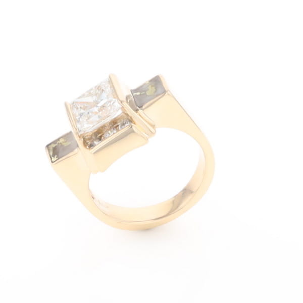 Princess Cut Diamond Gold Quartz 2-Square Inlaid Ring