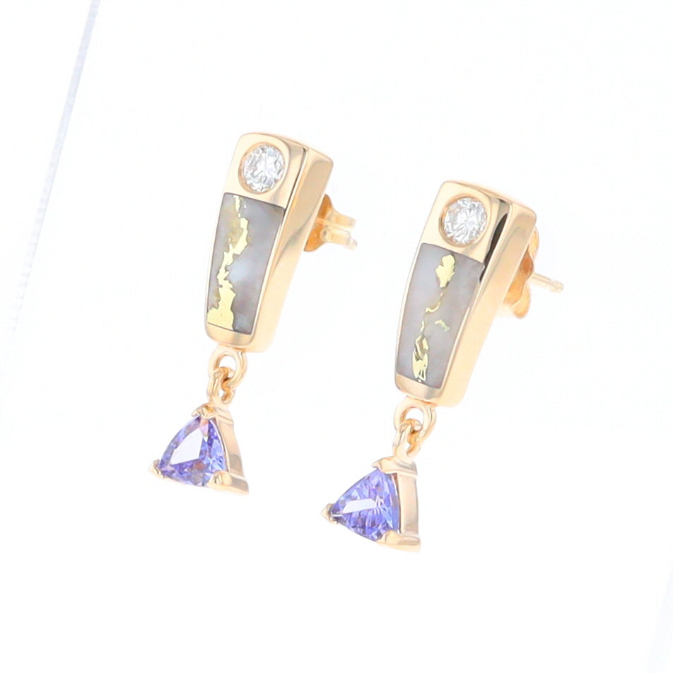 Gold Quartz Earrings Rectangle Inlaid Design with 0.11ct Diamonds & Trillion Cut Tanzanite