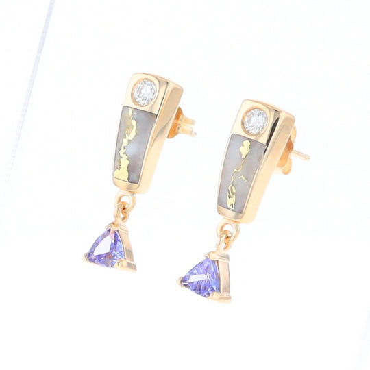 Gold Quartz Earrings Rectangle Inlaid Design with 0.11ct Diamonds & Trillion Cut Tanzanite