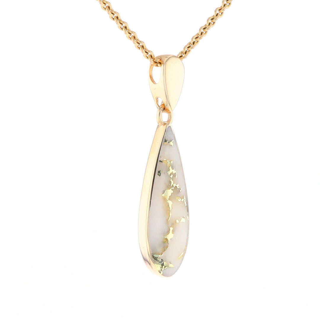 Gold Quartz Pendant Tear Drop Inlaid Design G2