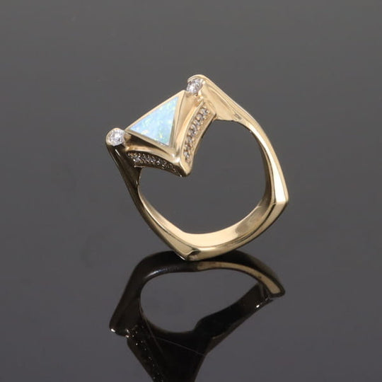Opal Rings Triangle Inlaid Design with .31ctw Round Diamonds