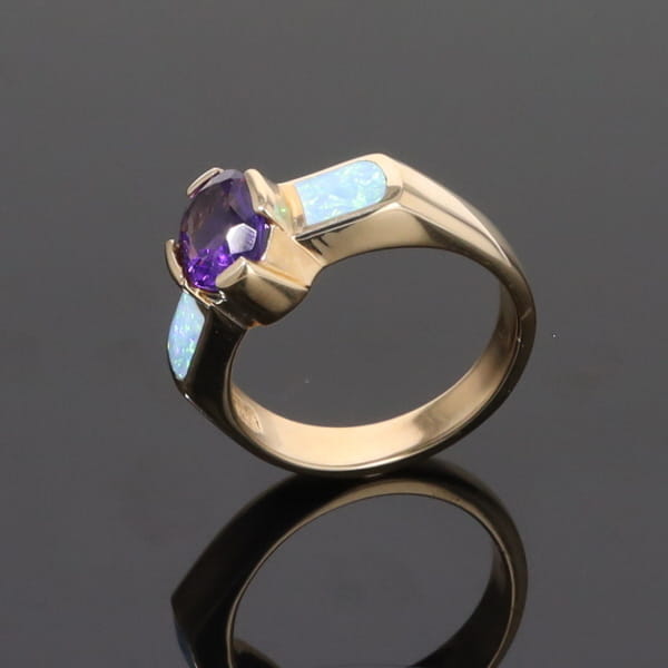 Opal Rings 2 Section Inlaid Design with Oval Amethyst Center