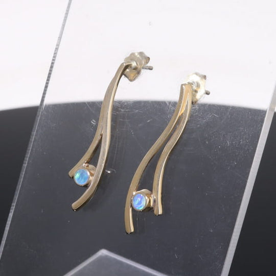 Opal Earrings Round Inlaid Double Curved Bar Design Studs