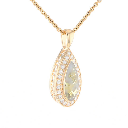 Gold Quartz Pendant Tear Drop Inlaid .42ctw Diamond Halo Design