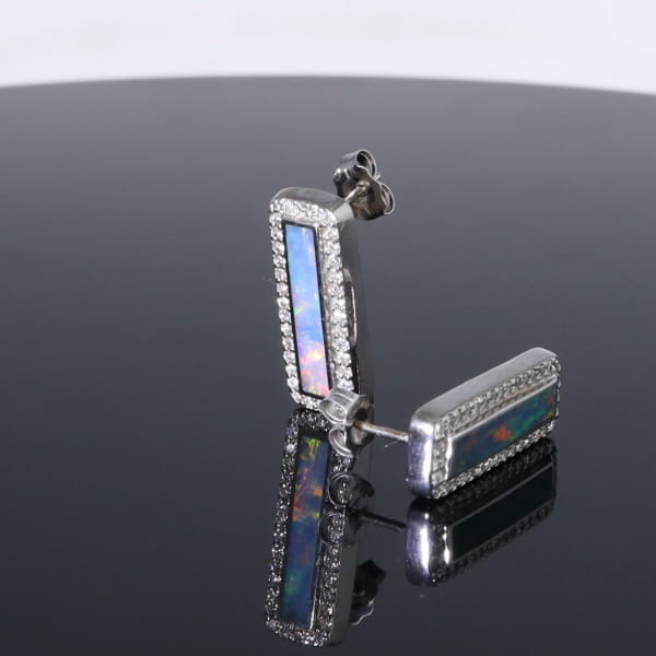 Opal Earrings Rectangle Inlaid with .50ctw Round Diamond Halo Studs
