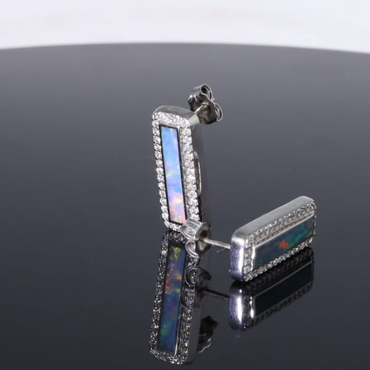 Opal Earrings Rectangle Inlaid with .50ctw Round Diamond Halo Studs