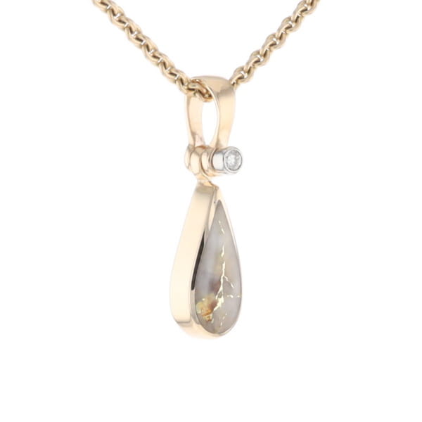 Gold Quartz Pendant Tear Drop Inlaid Design with .02ct Diamond