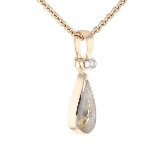 Gold Quartz Pendant Tear Drop Inlaid Design with .02ct Diamond