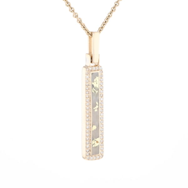 Gold Quartz Necklace, Rectangle Inlaid, .27ctw Diamond Halo Pendant