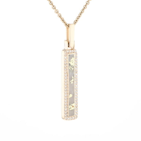 Gold Quartz Necklace, Rectangle Inlaid, .27ctw Diamond Halo Pendant